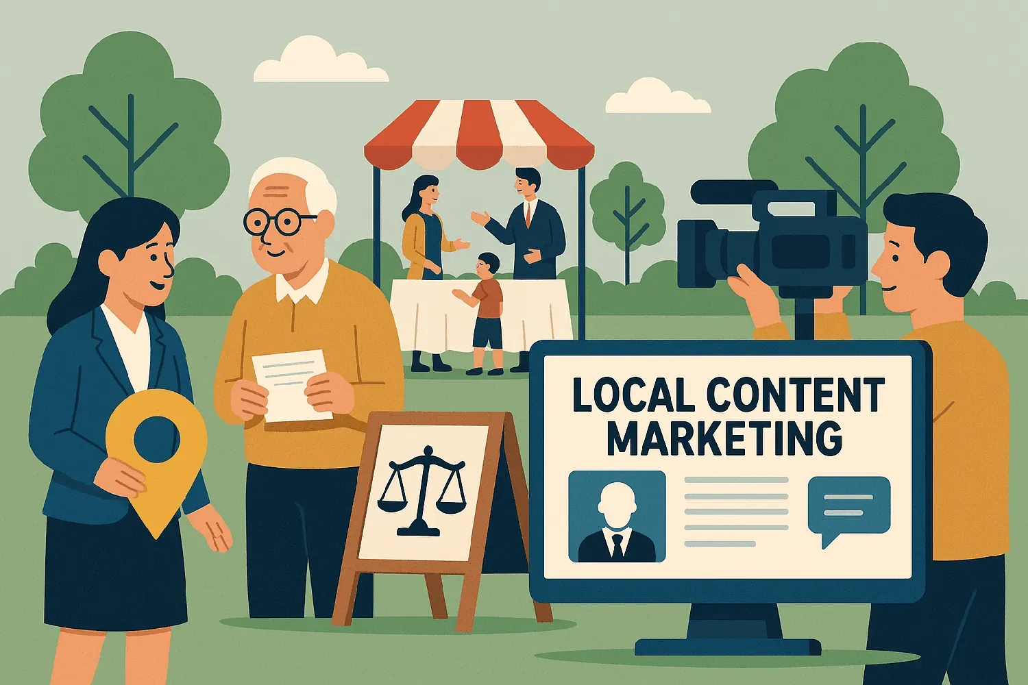 A creative representation of local content marketing strategies for lawyers, with community events and content creation elements