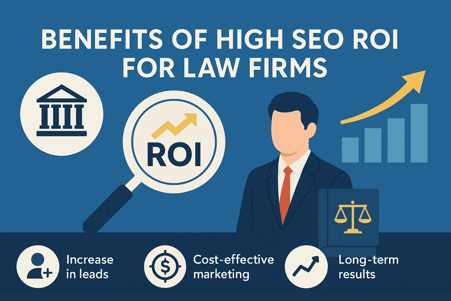 A graphic illustrating the benefits of high SEO ROI for law firms.