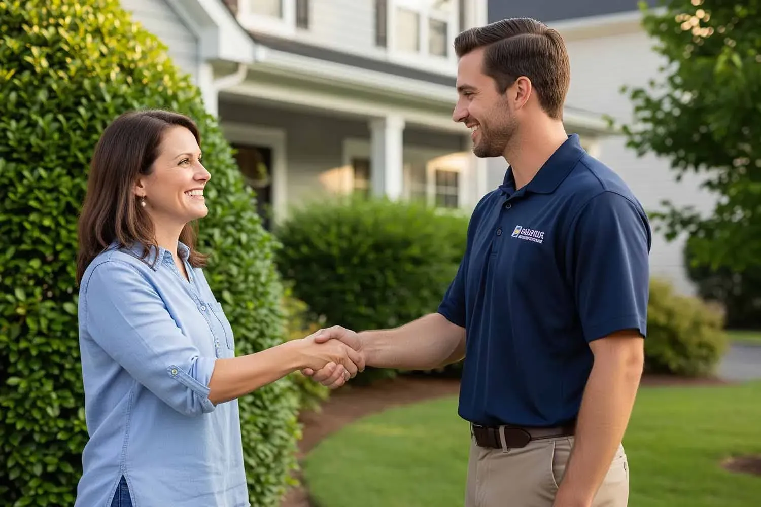 A happy customer is shaking hands with a local service provider outside a residential home, symbolizing trust and satisfaction in their recent service experience. This scene reflects the emotional appeal of customer testimonials and the importance of building trust in the customer journey.