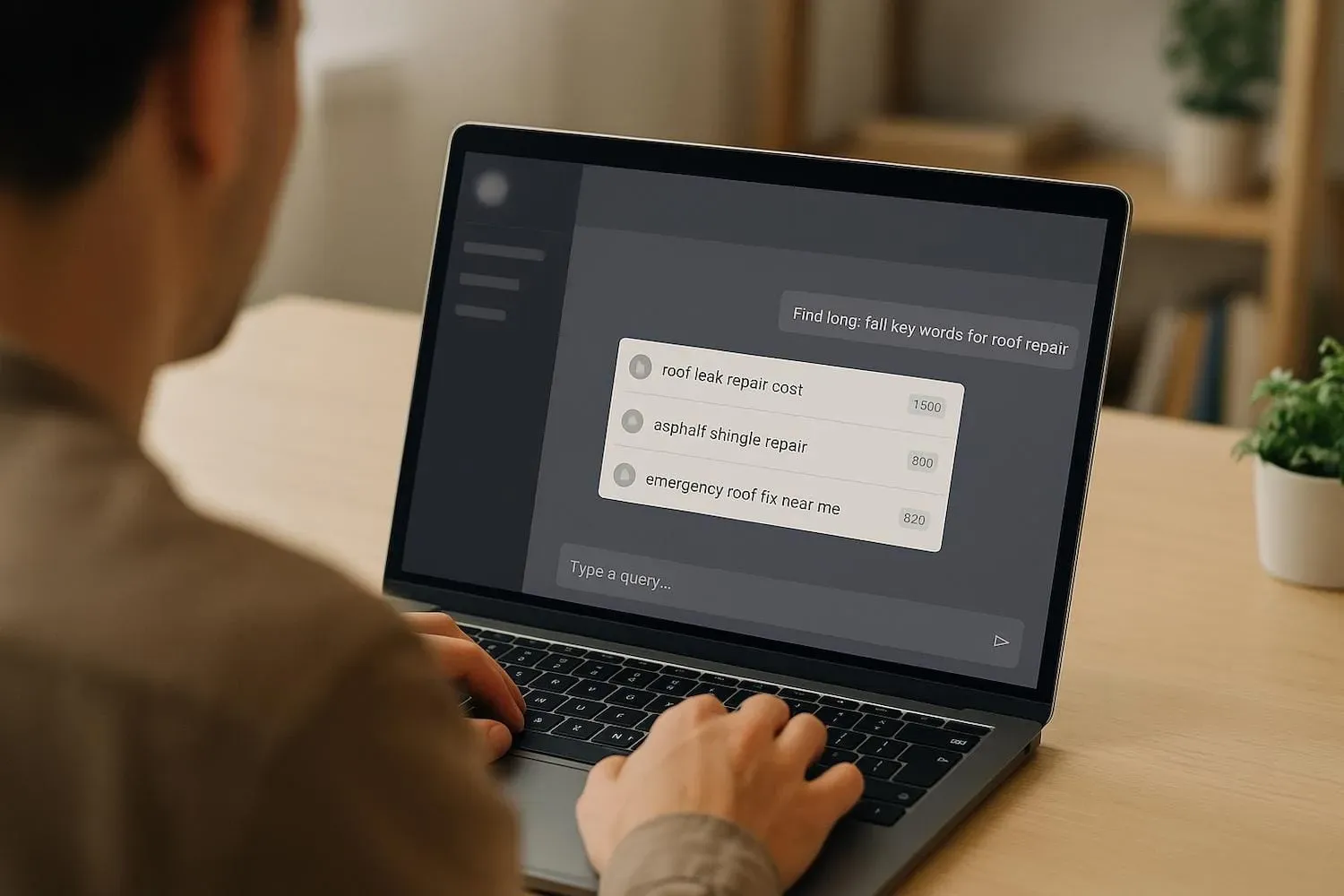 A person is interacting with an AI chatbot interface designed for keyword research, focusing on finding long tail keywords and generating relevant keyword ideas for their SEO strategy. The screen displays a search bar with suggested long tail keyword phrases and search volume data, aiding in their content optimization efforts.