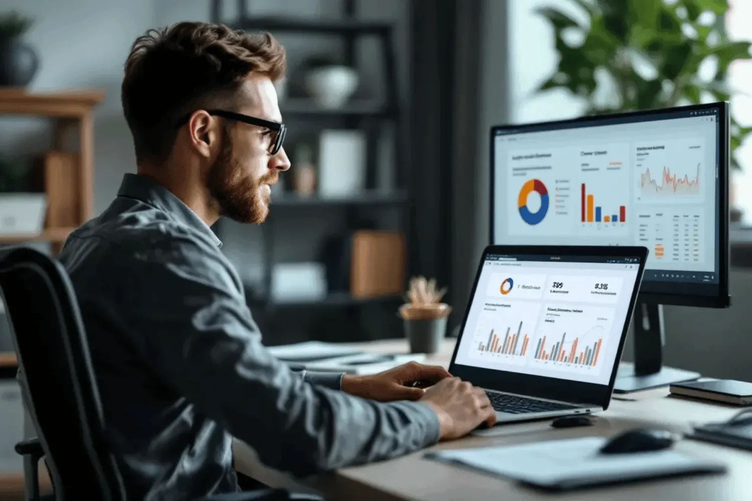 An SEO analyst is focused on reviewing charts depicting long-tail keyword performance and conversion data, analyzing various types of keywords such as transactional, informational, and navigational keywords to optimize search engine results. The analyst utilizes keyword research tools to assess search volume and keyword difficulty, aiming to enhance the website