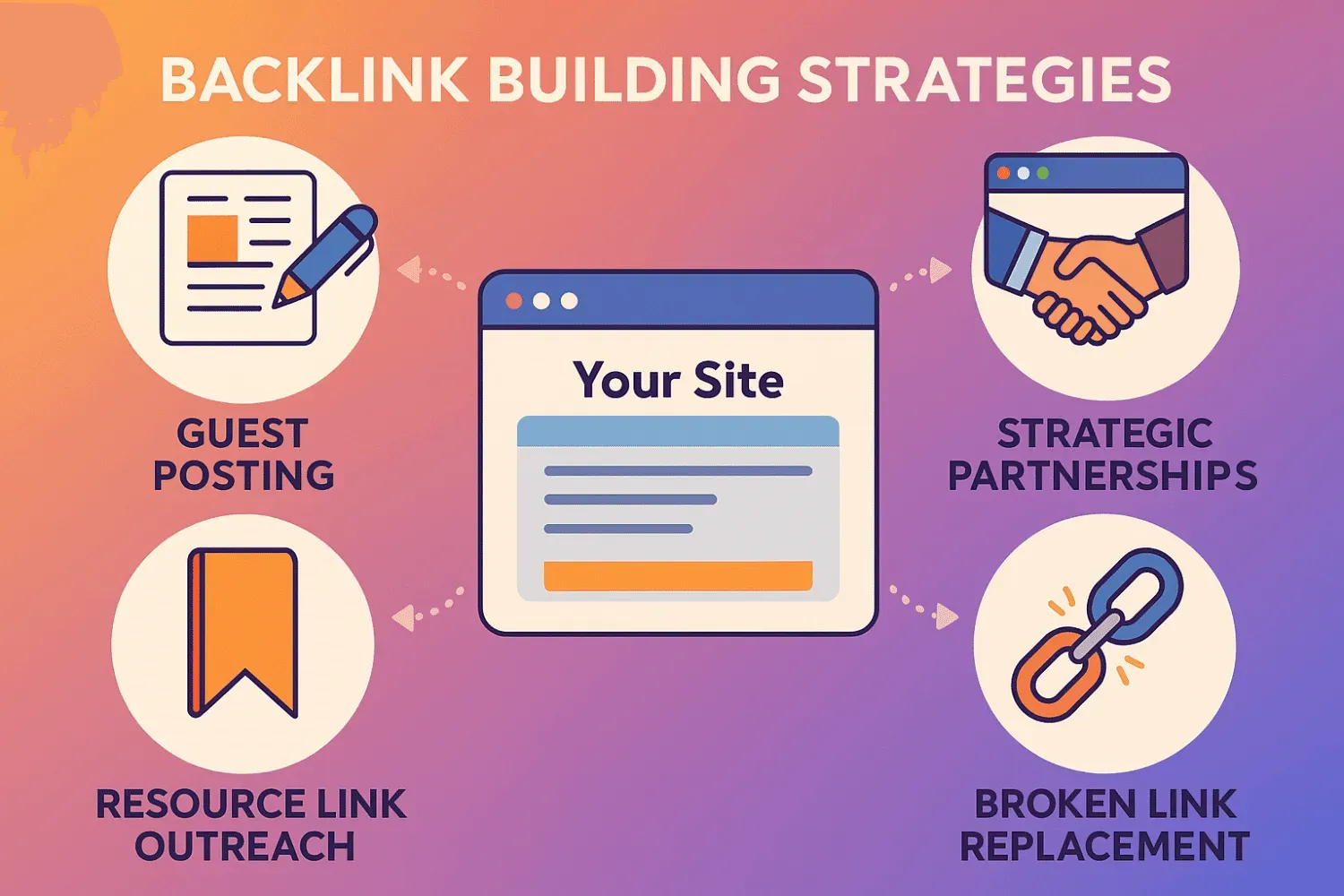 Visual guide to backlink building strategies like guest posting and partnerships