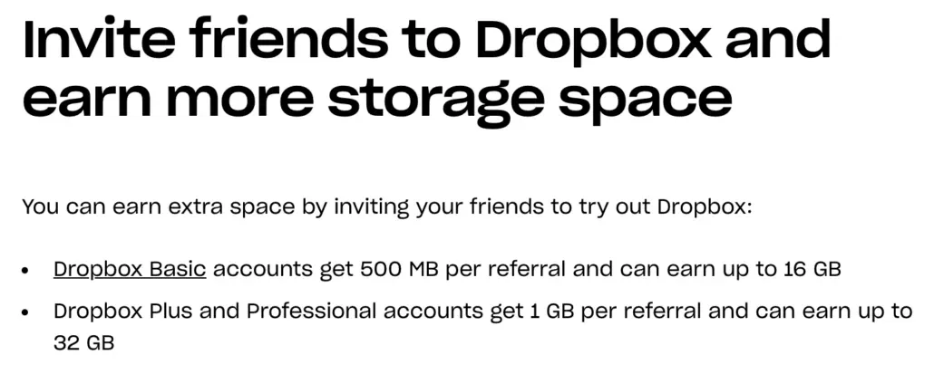 Dropbox referral program instructions.